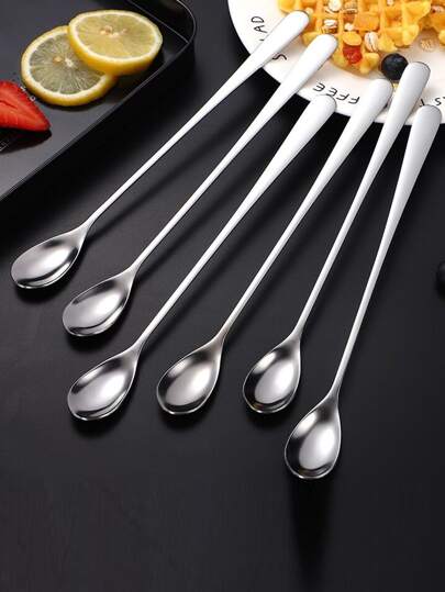 6pcs/Set Stainless Steel Tea Scoop, Classic Long Handle Tea Spoon For Kitchen Back To School