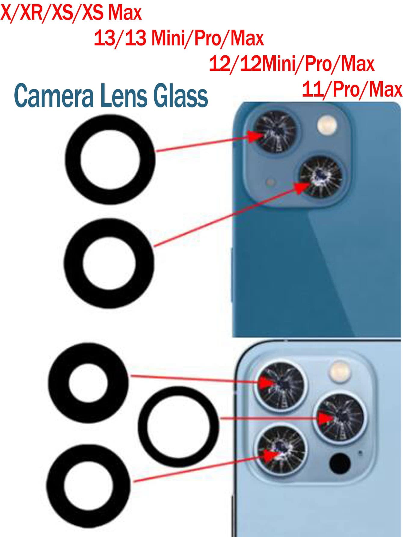 1 juego de lentes de cristal para cámara trasera con adhesivo compatible con Apple Iphone 11/11 Pro / 11 Pro Max / 12/12 Mini / 12 Pro / 12 Pro Max / 13/13 Mini / 13 Pro / 13 Pro Max / X / Xr / Xs / Xs Máx. - Negro - Ver 1