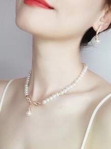 1 套手工串珠玻璃仿珍珠配水钻项链和耳环，1 对耳环和 1 条项链，新娘首饰套装