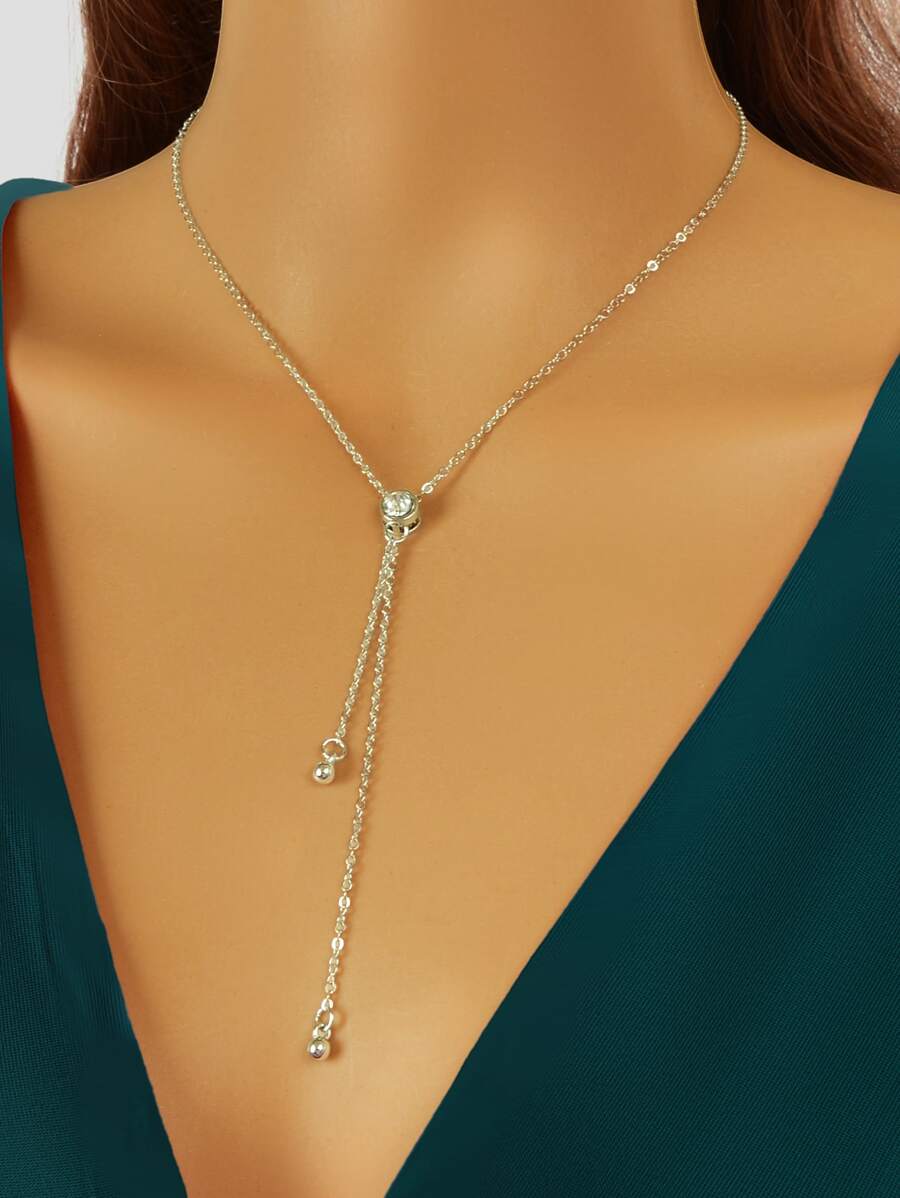 1pc Fashionable Rhinestone Inlaid Long Chain Necklace For Women, Sexy Deep V-neck Party Dress Collocation Necklace - Silver - View 1