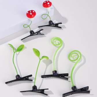 6pcs Cute Grass, Sprout And Mushroom Shaped Hair Clips,Hair Accessories,Hair Barrettes Claw Clips, School Stuff