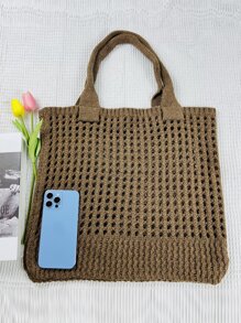 Minimalist Hollow Out Design Large Capacity Crochet Bag - Coffee Brown - View 3
