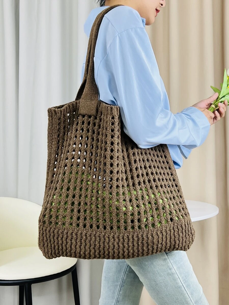 Minimalist Hollow Out Design Large Capacity Crochet Bag - Coffee Brown - View 1