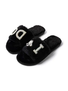 Women Rhinestone & Faux Pearl Decor Fuzzy Bedroom Slippers, Fashion Slippers - Black - View 2