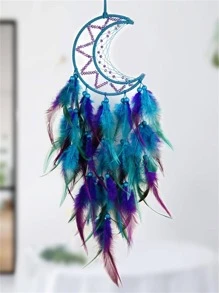 1入組捕夢網帶彩色羽毛風鈴掛飾裝飾用品 - 藍色 - 查看 1