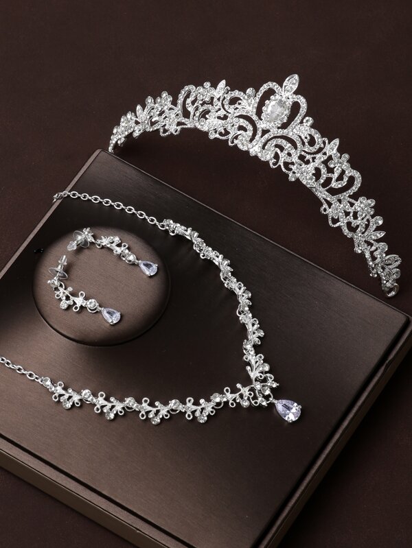 4pcs Women Rhinestone Water-Drop Decor Crown Design Luxury Headband & Bride Jewelry Set For Wedding Party Royal Tiaras