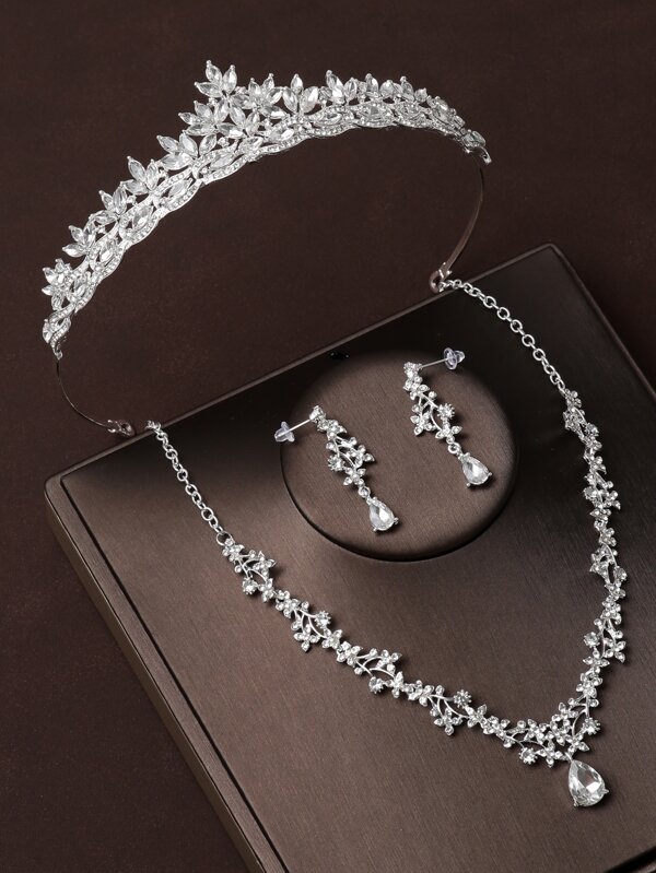 Women's 4pcs Bridal Silver Crown Necklace & Earrings Set Exquisite Wedding Jewelry Accessories Combination Tiaras