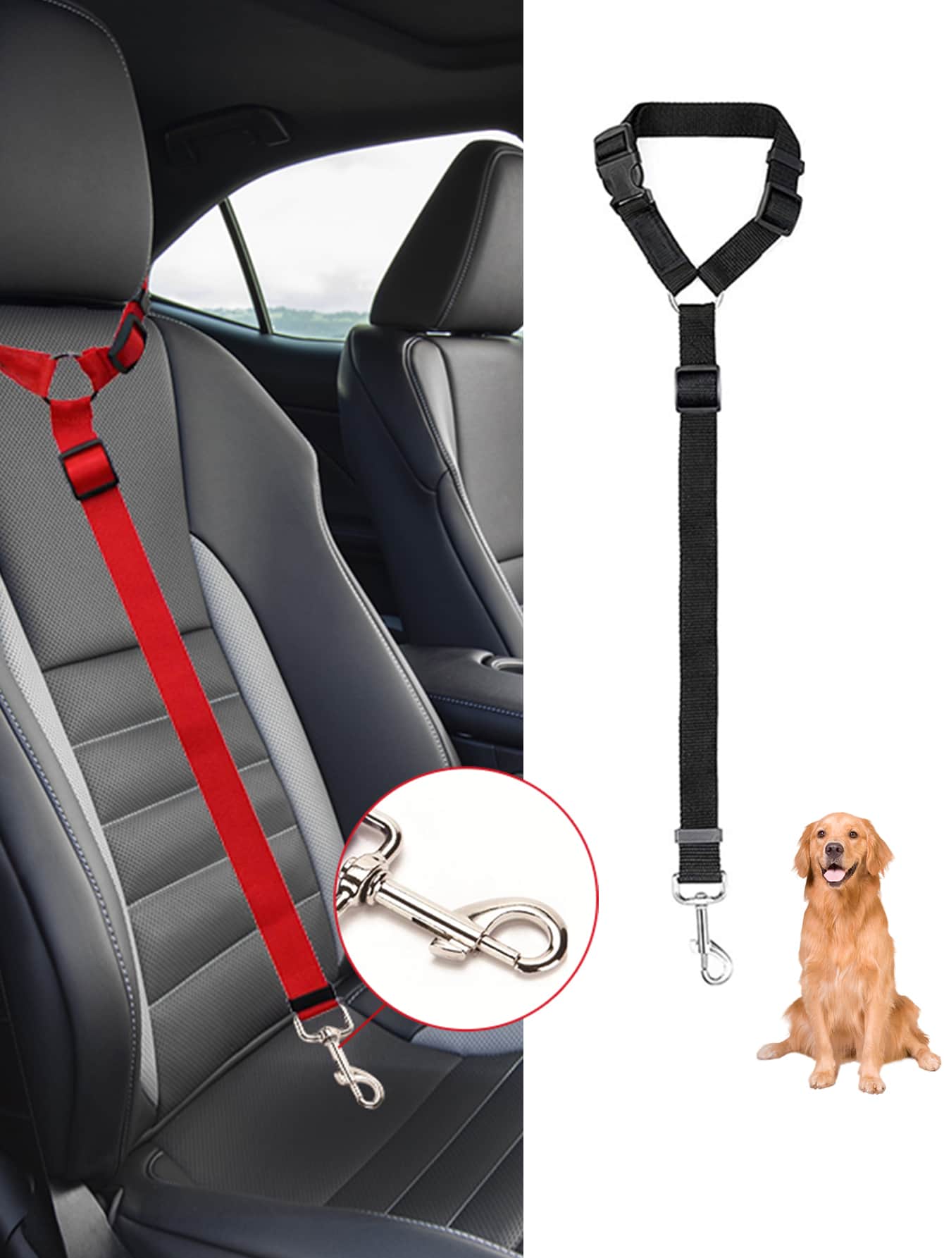 Solid Color 2 In 1 Pet Car Seat Belt Nylon Lead Leash Backseat Safety Belt Adjustable For Dog & Cat - Black - View 1