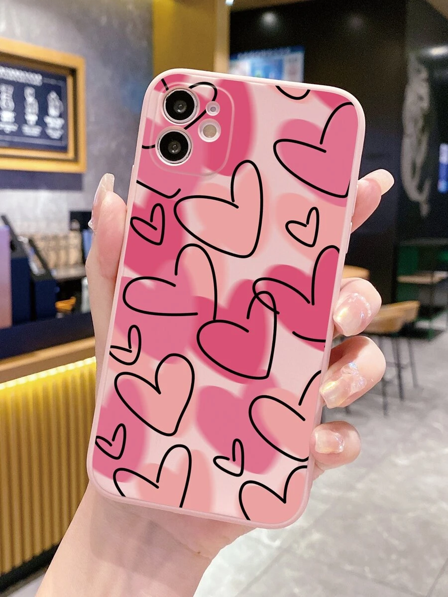 1 ốp lưng điện thoại cứng họa tiết hoa anh đào hồng và đường kẻ trái tim đen, tương thích với Apple//Redmi//ViVO, phiên bản quốc tế, không phải phiên bản nội địa. - Màu Hồng baby - Xem 1