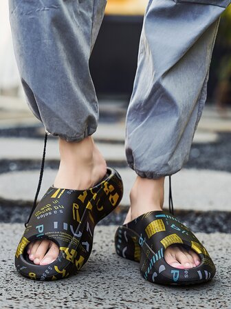 男士戶外黑色海灘拖鞋帶字母圖案