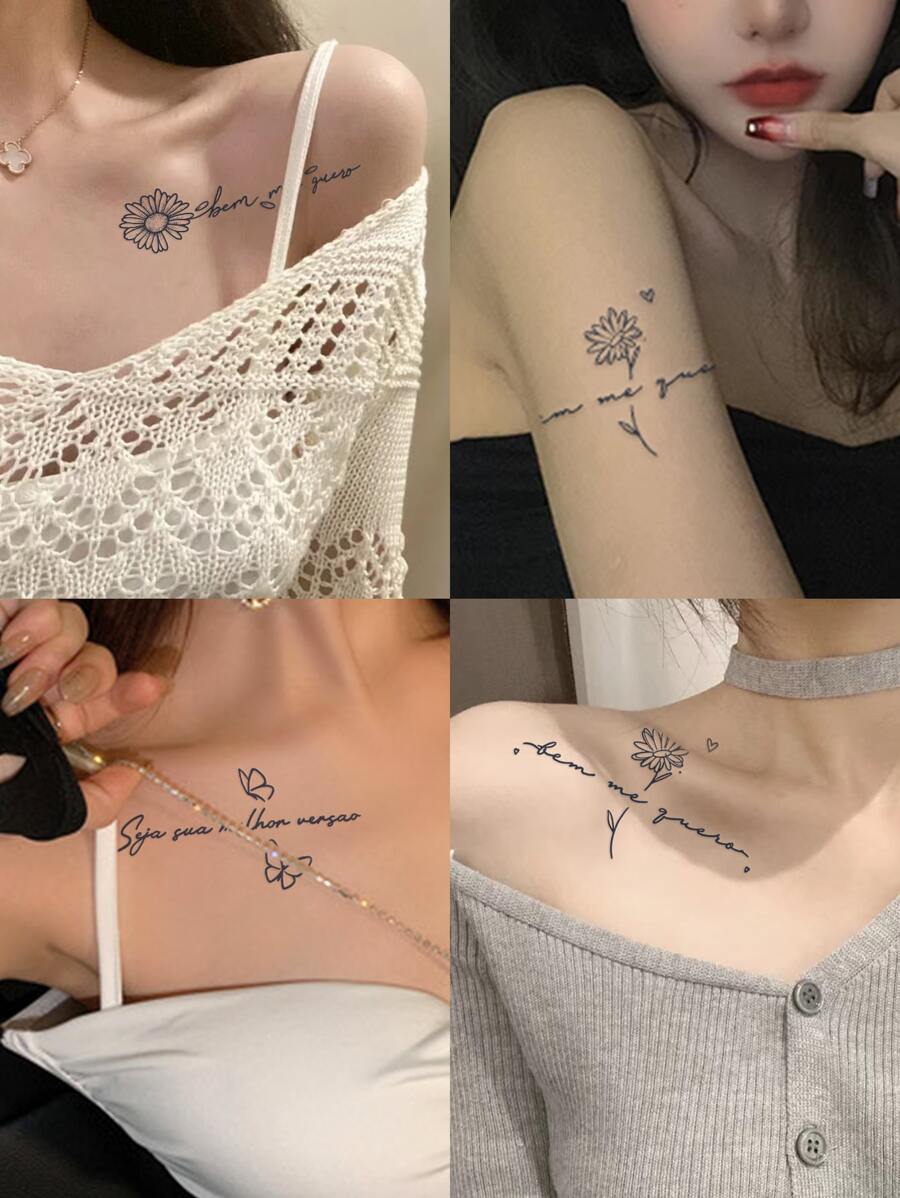 1pc Butterfly Flower English Temporary  Tattoo Sexy Waterproof Sweatproof Last For 1-2 Weeks Realistic Herbal Juice Non-Reflective Geometric Faux Black Fake Tattoos For Woman Tattoo Stickers For Chest,Belly, Waist,Arm Modernist Body Ar