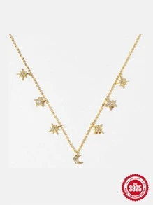 1 Trăng Sao Đính Đá Cubic Zirconia S925 Sterling Sliver Vòng Cổ Nữ Tuyên Bố Mỹ Vòng Cổ - Vàng - Xem 3