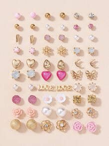 1 Set Of 30 Pairs Of Stud Earrings Set Ladies Faux Pearl Heart Artificial Crystal Pink Girl Flower Letter Butterfly Snowflake Holiday Gift Earrings Valentines,Mom,Mother,Mother's Day,Gift - Multicolor - View 11