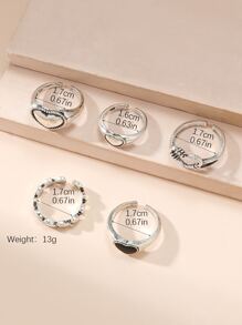 5入組/套愛心裝飾戒指 - 復古銀色 - 查看 3