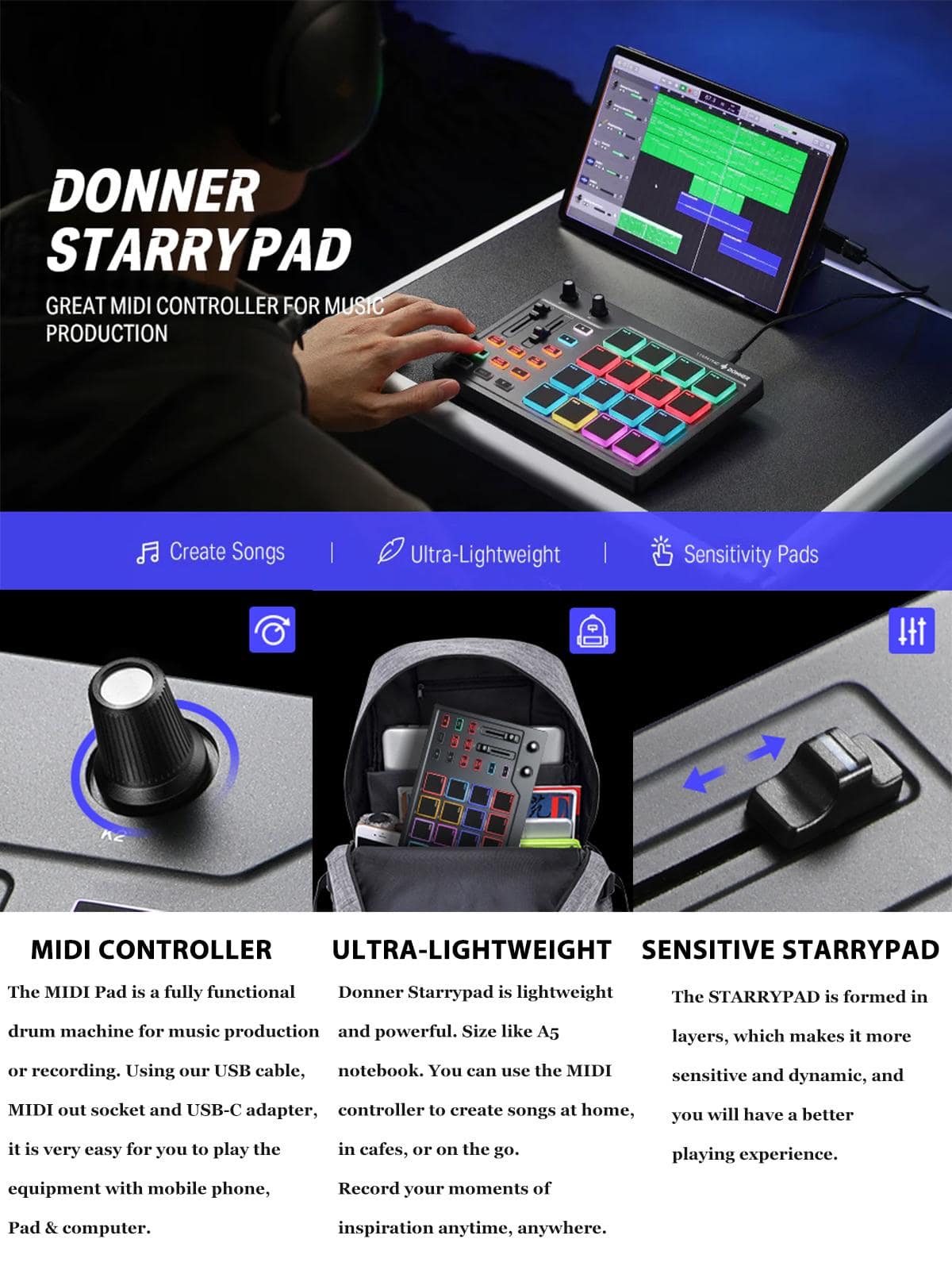 Donner MIDI Controller for Beginners DJ Equipment Music Producers MIDI Pad Beat Maker Portable