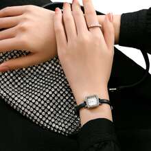 1pc Pu Leather Small Square Dial Watch Strap Suitable For Daily Wear - Black - View 4