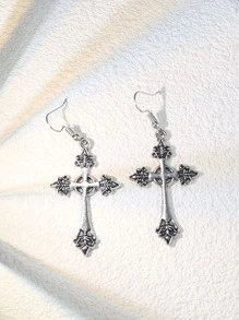2入組女士哥特式十字架設計簡約風,多用途,藝術,復古,精美,受歡迎耳環 - 復古銀色 - 查看 5