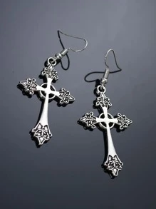 2入組女士哥特式十字架設計簡約風,多用途,藝術,復古,精美,受歡迎耳環 - 復古銀色 - 查看 6