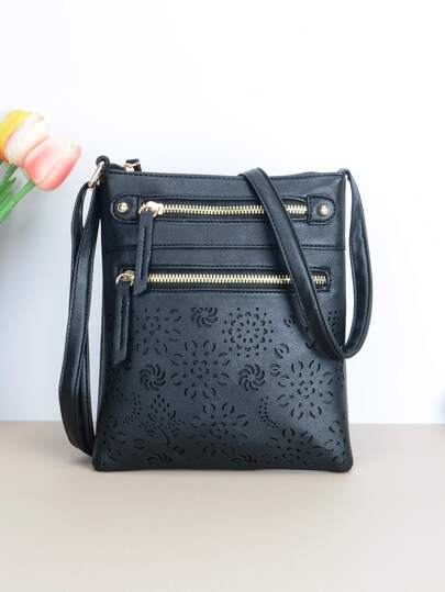 Vintage Hollow Out Women's Crossbody Bag, Brown Square Casual Bag With Double Zippers
