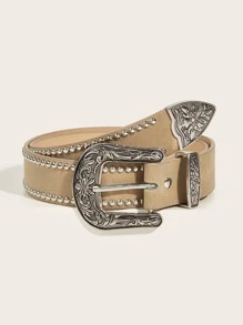 Boho 1pc Fashionable Western Style Studded Belt Halloween - Khaki - View 1