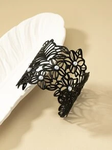 Brazalete abierto calado con diseño de encaje negro de estilo francés Vintage de 1 pieza con tamaño ajustable - Negro - Ver 2