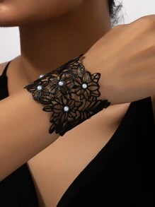 Brazalete abierto calado con diseño de encaje negro de estilo francés Vintage de 1 pieza con tamaño ajustable - Negro - Ver 1