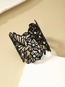 Brazalete abierto calado con diseño de encaje negro de estilo francés Vintage de 1 pieza con tamaño ajustable - Negro - Ver 4