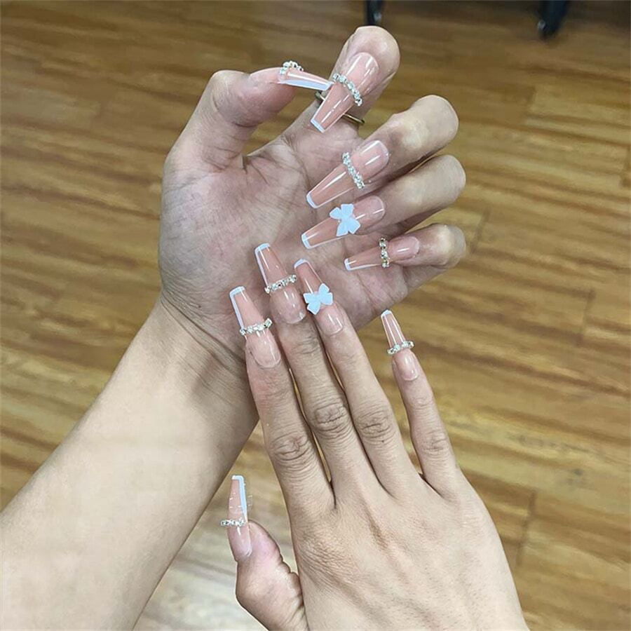 网红戴长指甲美甲爱心水钻美甲美甲按压美甲用品美甲 - 酒紅色 - 查看 1