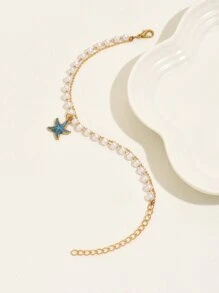 1入組波西m亞不銹鋼人造珍珠裝飾海星吊墜腳錬適合女士適用於假期約會禮物隨機色 - 金黃色 - 查看 3