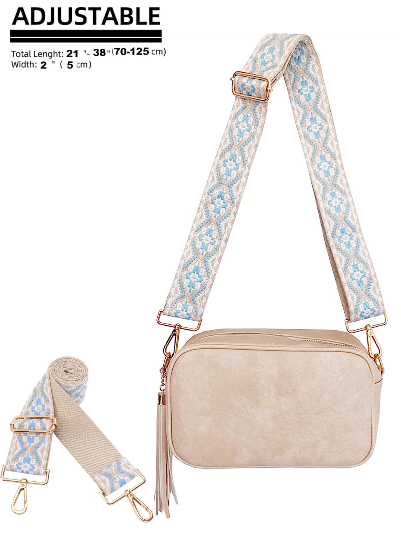 幾何樣式錢包帶寬刺繡細節斜肩包肩膀可調整肩帶適用於手提包 - 藍白色 - 查看 1