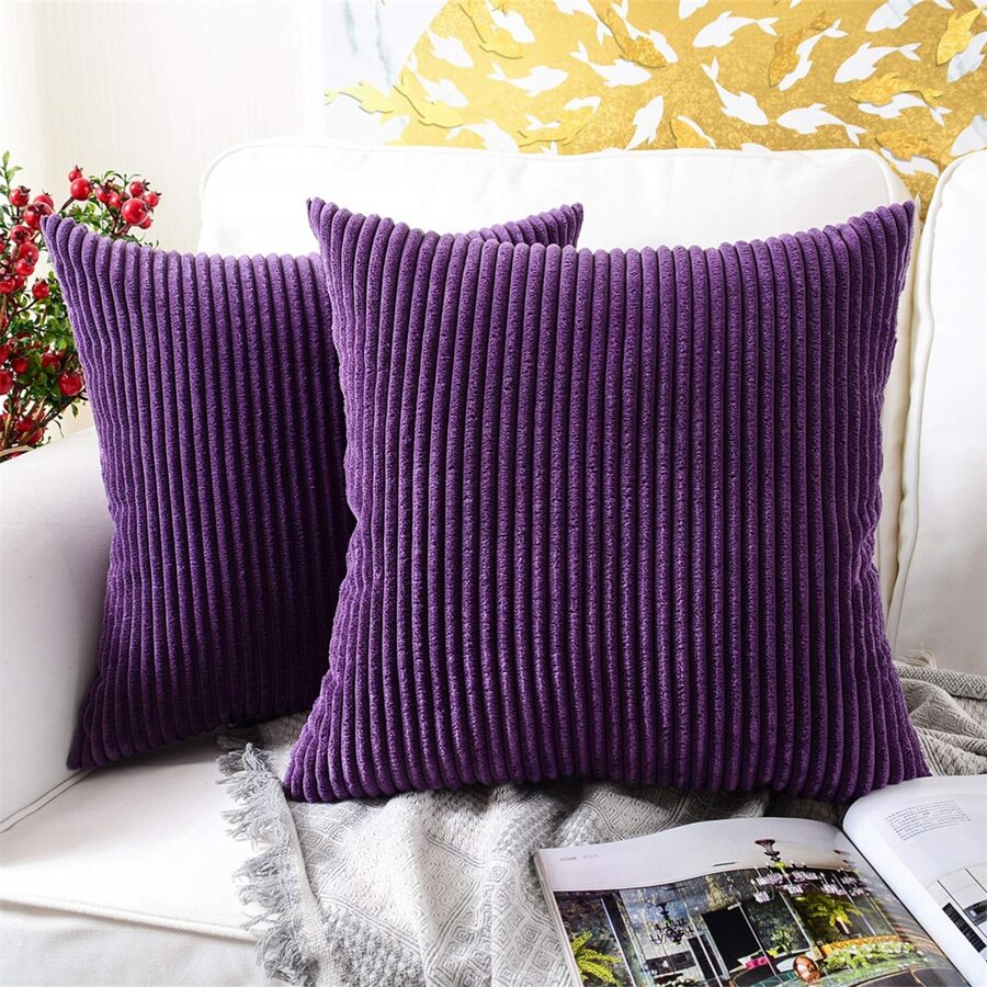 1 件纯色靠垫套（无填充物），灯芯绒沙发枕套，家居装饰 - 紫色 - 查看 1