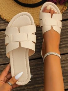 女士新款平底 H 型拖鞋平底户外装沙滩旅游度假一脚蹬拖鞋时尚平底凉鞋，米色