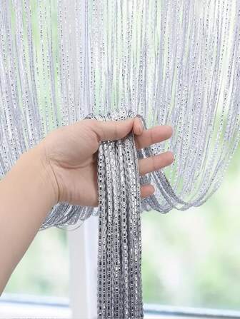 1pc Beaded String Curtain, Christmas Decor Door Curtain, Transparent Curtain, Home Wedding Holiday Decor Door Curtain, Party Background Decor, Silver Shiny Semi-Transparent Curtain For Bedroom, Living Room, 39in*79in