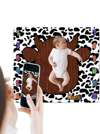 Monthly Milestone Blanket, Soft Flannel, Wood Floor & Cow Print, Newborn Photo Prop, Growth Photography Blanket