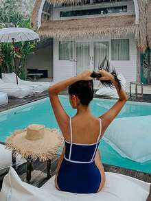 Contrast Binding One Piece Swimsuit - Blue - View 2