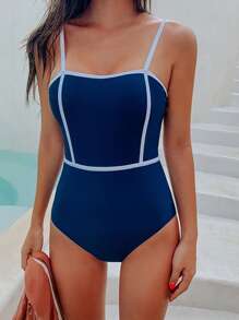 Contrast Binding One Piece Swimsuit - Blue - View 1