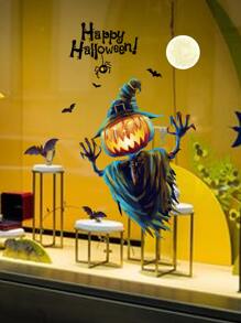 1pc Halloween Pumpkin Lantern Wall Sticker For Bedroom Living Room Window Glass Decor, Removable Adhesive Mural - Multicolor - View 2