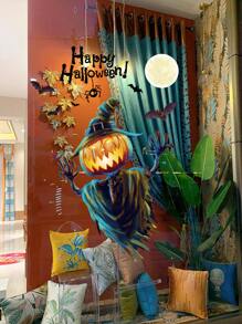 1pc Halloween Pumpkin Lantern Wall Sticker For Bedroom Living Room Window Glass Decor, Removable Adhesive Mural - Multicolor - View 3