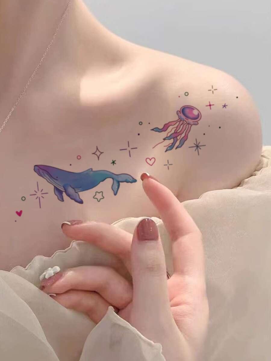 1 pieza Etiqueta engomada del tatuaje temporal de colores de medusa & azul ballena - Multicolor - Ver 1