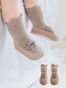 1pair Cartoon Lion Pattern Floor Socks With Anti-slip Soft Sole For Baby Learning To Walk - Coffee Brown - View 1