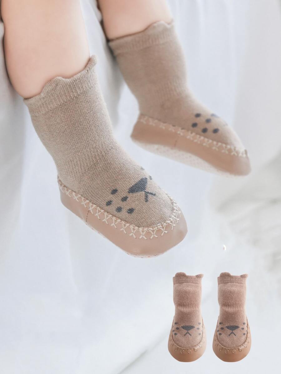 1pair Cartoon Lion Pattern Floor Socks With Anti-slip Soft Sole For Baby Learning To Walk - Coffee Brown - View 1