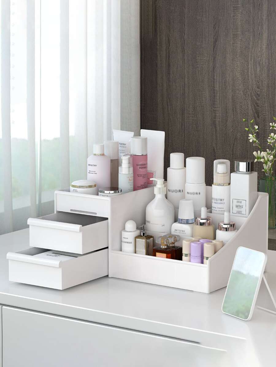 1pc Hộp đựng mỹ phẩm để bàn có ngăn kéo đựng đồ chăm sóc da, đồ trang điểm, phụ kiện tóc, kẹp tóc, hộp đựng đồ trang điểm - trắng - Xem 1