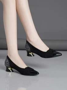 新款女士粗跟高跟鞋，有蓝色、黑色、杏色、卡其色、银色可选，带亮片 - 黑色 - 查看 4