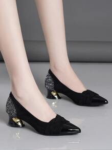 新款女士粗跟高跟鞋，有蓝色、黑色、杏色、卡其色、银色可选，带亮片 - 黑色 - 查看 6