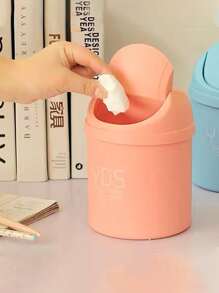 1pc Desktop Mini Shaking Cover Trash Can With Lid, Plastic Waste Bin For Home Small Items Storage - Pink - View 1