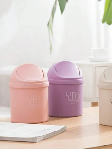 1pc Desktop Mini Shaking Cover Trash Can With Lid, Plastic Waste Bin For Home Small Items Storage - Pink - View 3