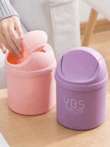 1pc Desktop Mini Shaking Cover Trash Can With Lid, Plastic Waste Bin For Home Small Items Storage - Pink - View 2