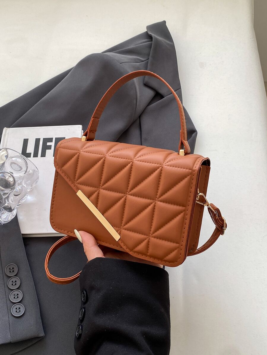 Mini Stylish Tote Bag With Chain And Stitching Details - Brown - View 1