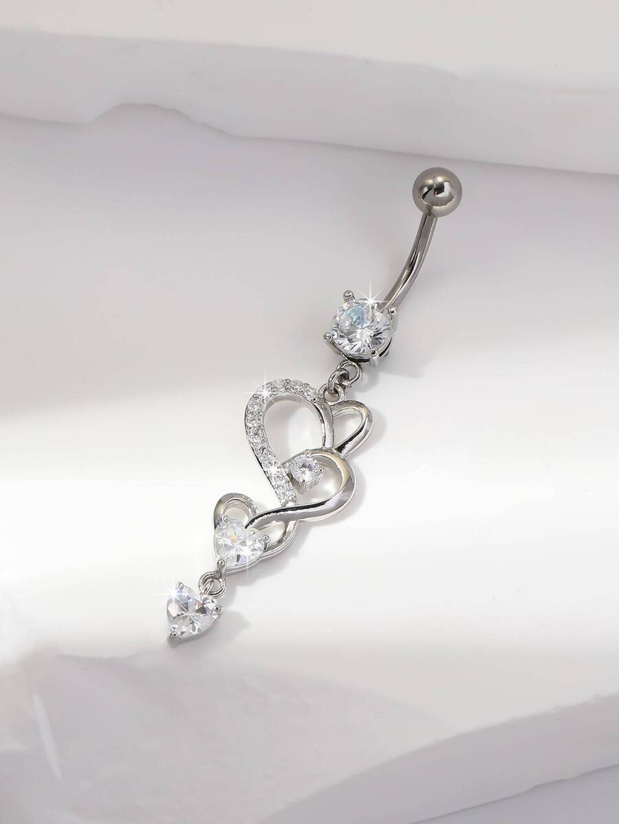 One Silver Long Style Brass Inlaid Cubic Zirconia Heart Belly Button Ring Suitable For Ladies Birthday Party