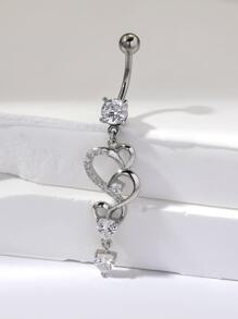 One Silver Long Style Brass Inlaid Cubic Zirconia Heart Belly Button Ring Suitable For Ladies Birthday Party